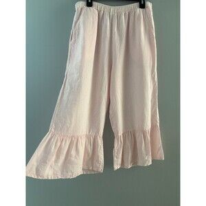 Match Point Linen Cropped Pants Size Medium Pink Ruffle Hem Lagenlook Coastal